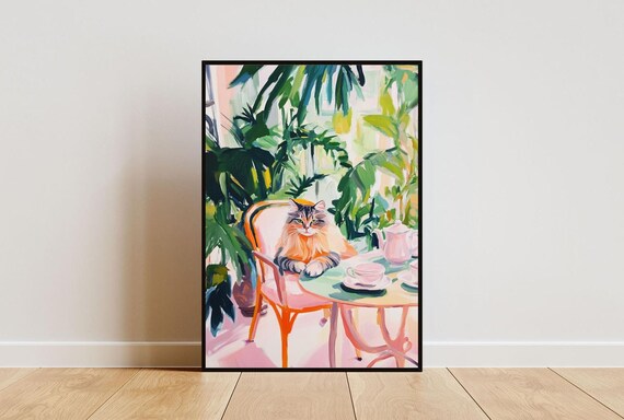 Siberian Cat Tea Party Fluffy Longhair Oil Painting Vintage Poster