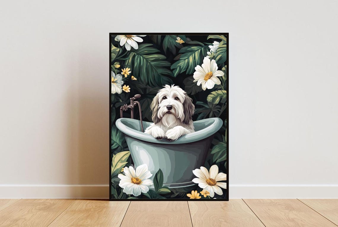 Old English Sheepdog In Bathtub Poster Funny Dog Poster Old English Sheepdog Bathroom Print Old English Sheepdog Bath Poster Dog Wall Art