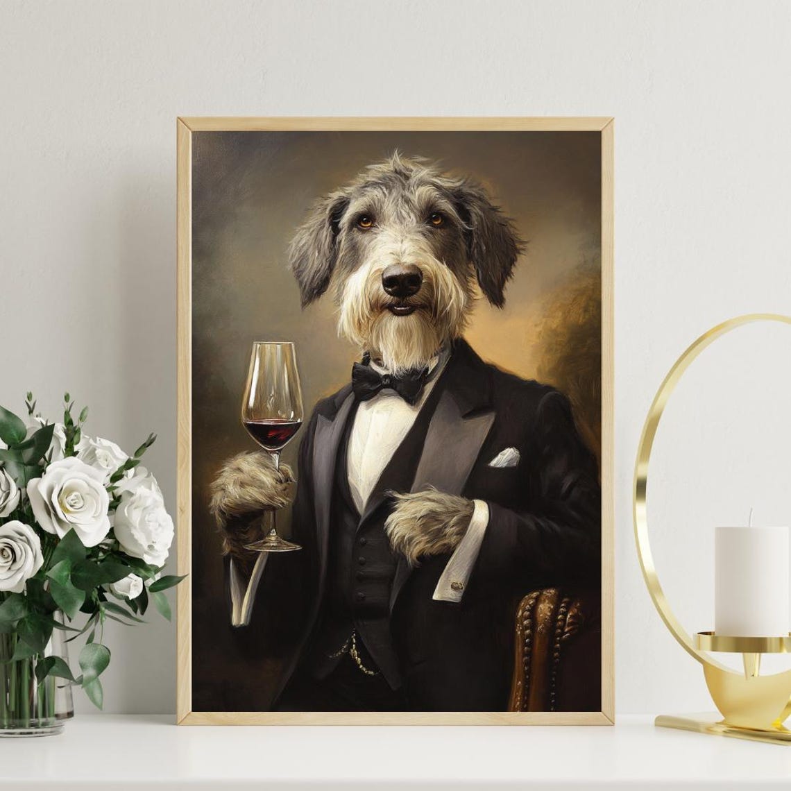 Irish Wolfhound In Tuxedo Holding Red Wine Glass Dog Portrait Poster - Image 3