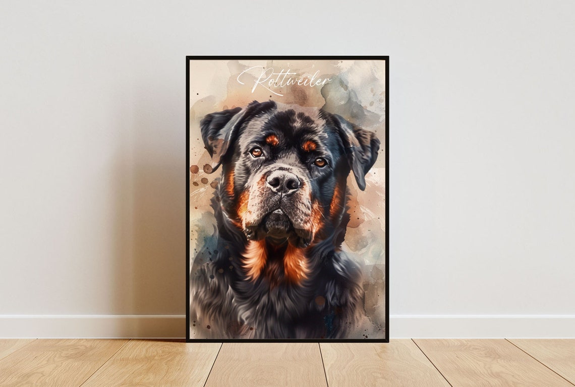 Rottweiler Watercolor Dog Breed Portrait Poster Script Name Detail