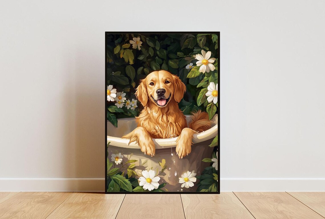 Golden Retriever In Bathtub Poster Funny Dog Poster Golden Retriever Bathroom Print Golden Retriever Bath Poster Dog Bathroom Wall Art