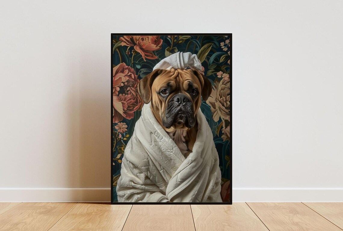 Bullmastiff Dog Bathrobe Towel Turban Dark Floral Portrait Poster