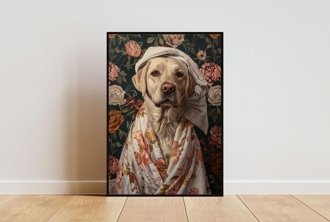 Happy Labrador Retriever Dog in Bathrobe Fun Spa Day Art Poster