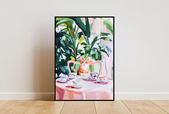 Ginger Tabby Cat Tea Party Colorful Oil Painting Vintage Poster