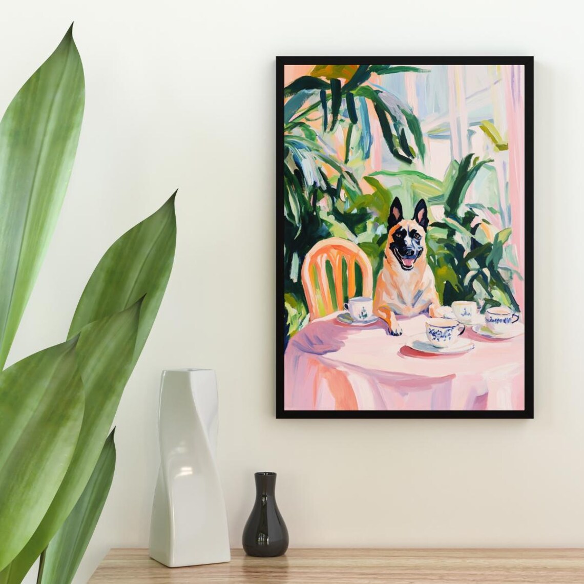Belgian Malinois Dog Garden Tea Party Pastel Painting Style Poster - Image 2