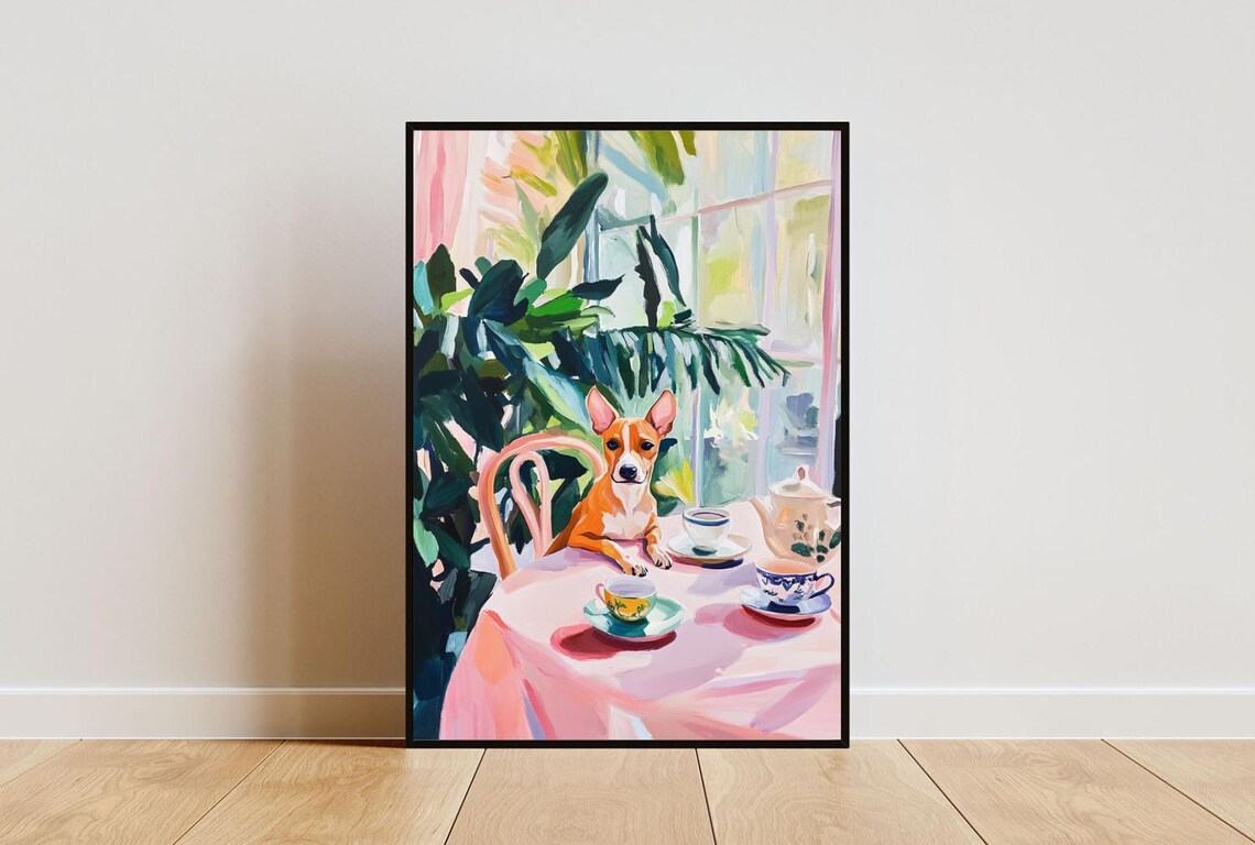 Basenji Dog Tea Party Tan Puppy Colorful Oil Painting Pet Poster