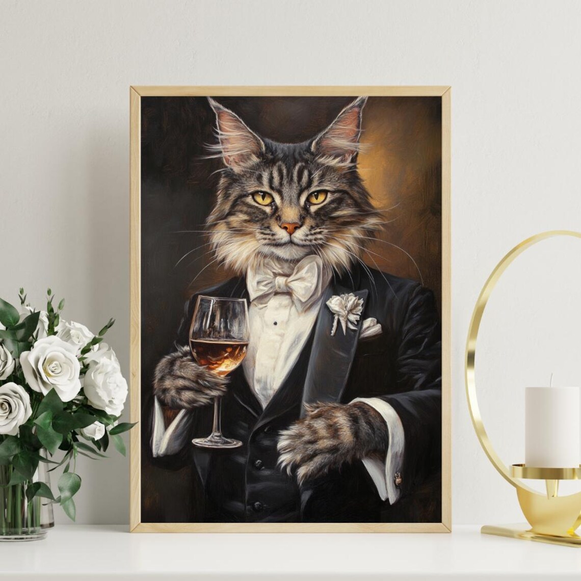 Maine Coon Cat In Tuxedo Holding Rose Wine With White Bow Tie Portrait Poster - Image 3