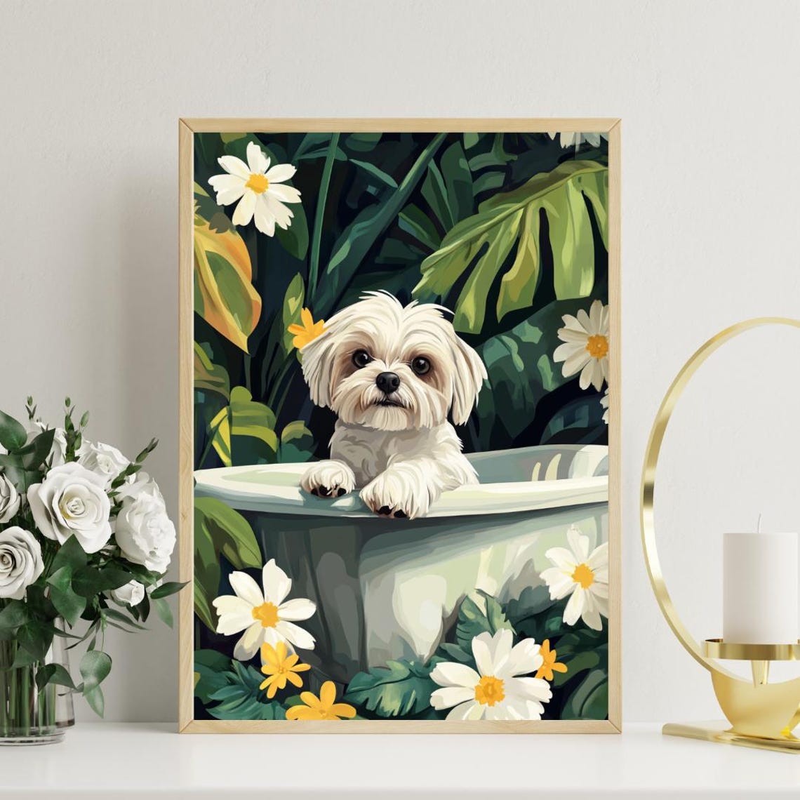 Maltese in Bathtub Cute White Dog Bathroom Daisy Floral Art Poster - Image 3