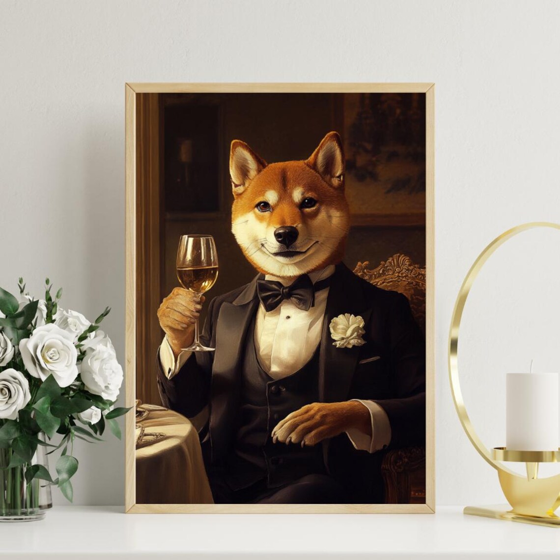 Shiba Inu Dog In Tuxedo Holding White Wine Smiling Fox Portrait Poster - Image 3