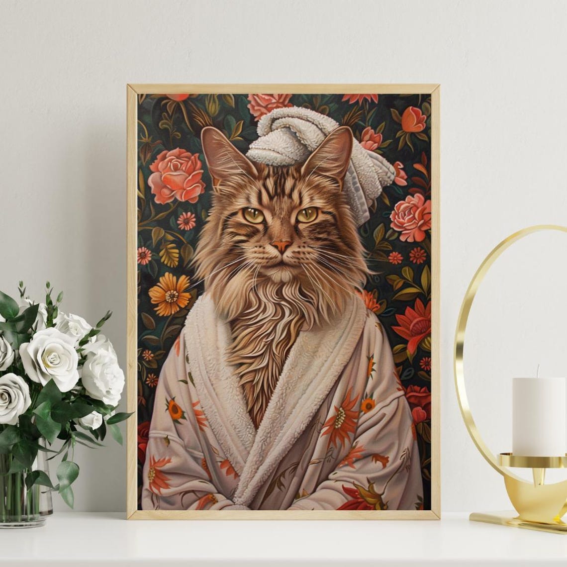 Adorable Maine Coon Cat in Bathrobe Fun Bathroom Spa Day Art Poster - Image 3