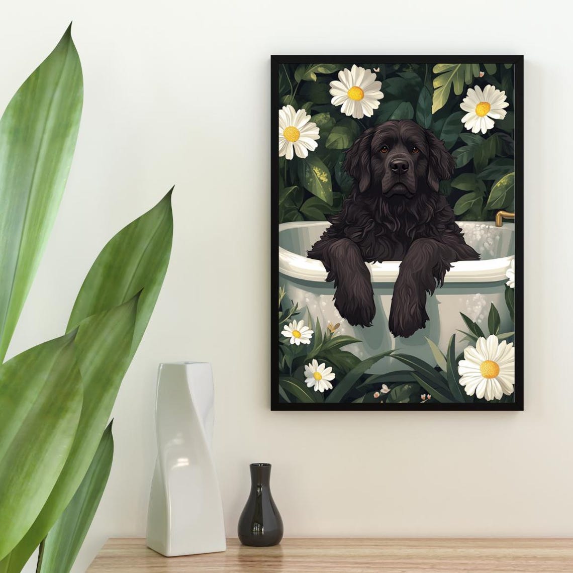 Newfoundland Relaxing In Floral Bathtub Funny Big Dog Poster - Image 2