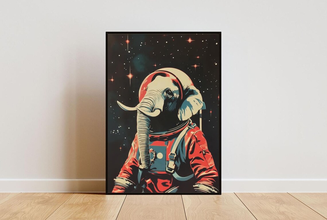 Elephant Astronaut Retro Space Poster Art Print