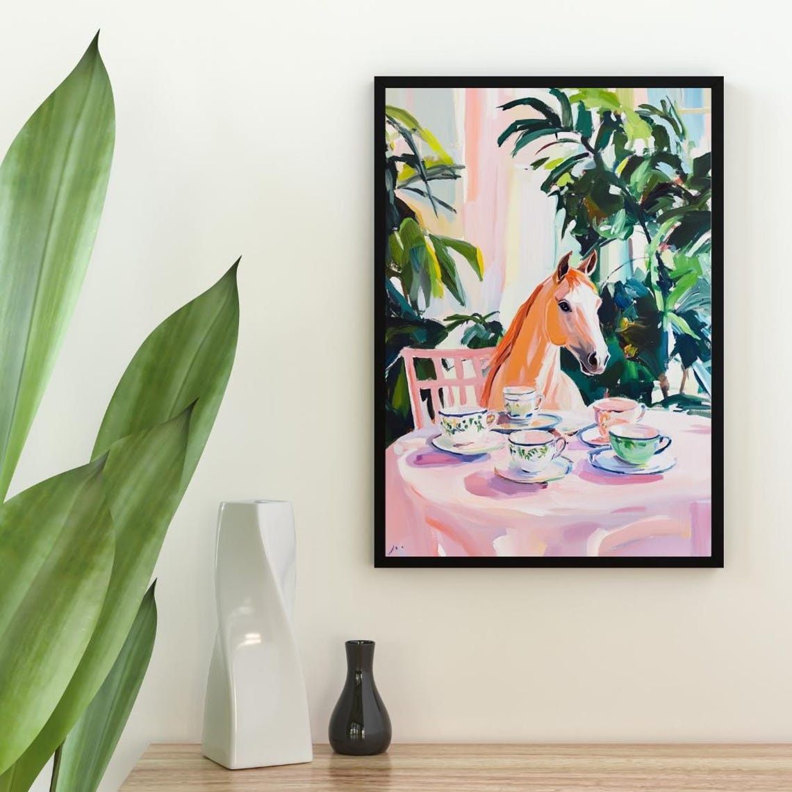 Horse at Tea Table Whimsical Equestrian Animal Painting Poster - Image 2