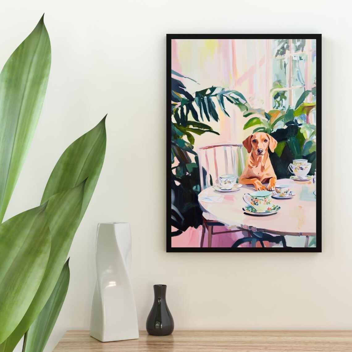 Vizsla Dog Garden Tea Party Pastel Oil Painting Style Poster - Image 2