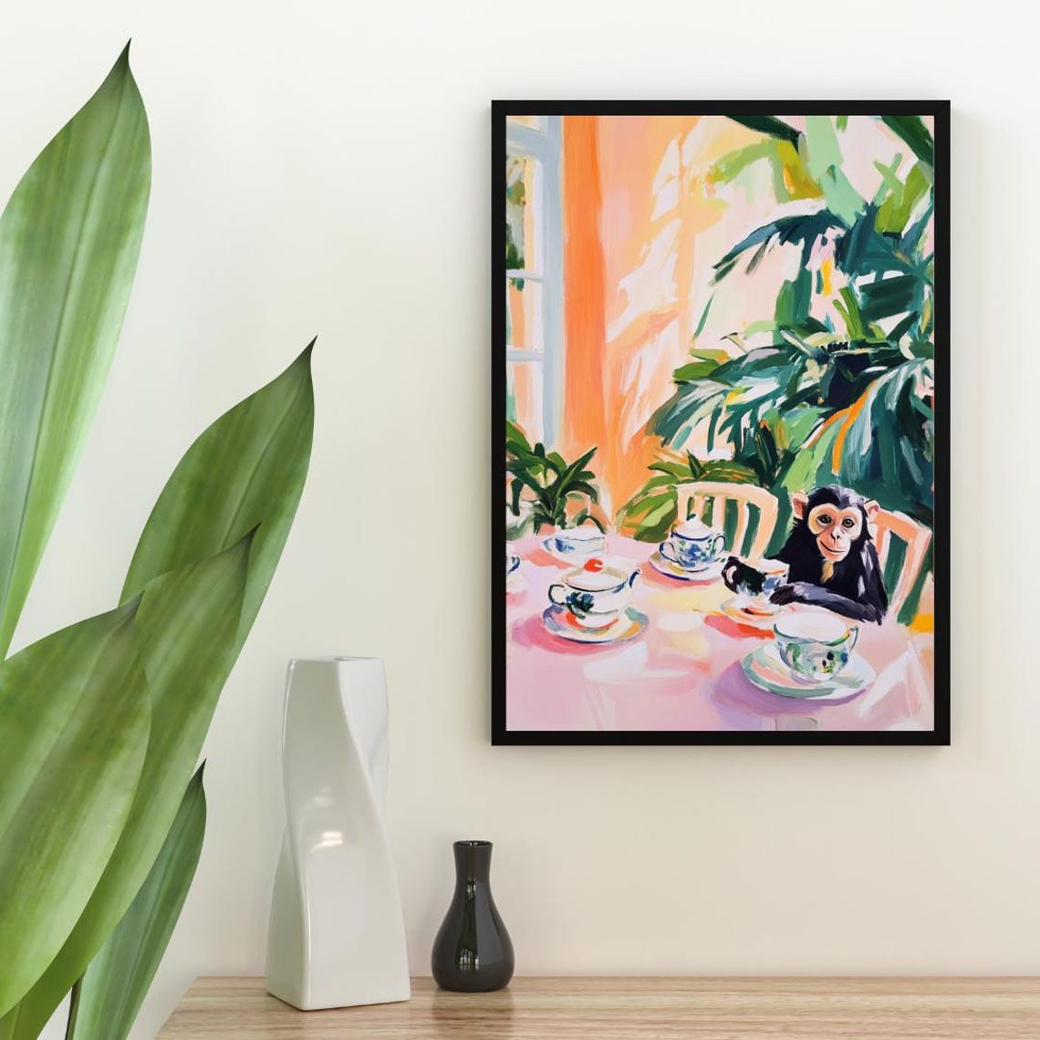 Monkey at Tea Table Whimsical Jungle Animal Painting Portrait Poster - Image 2