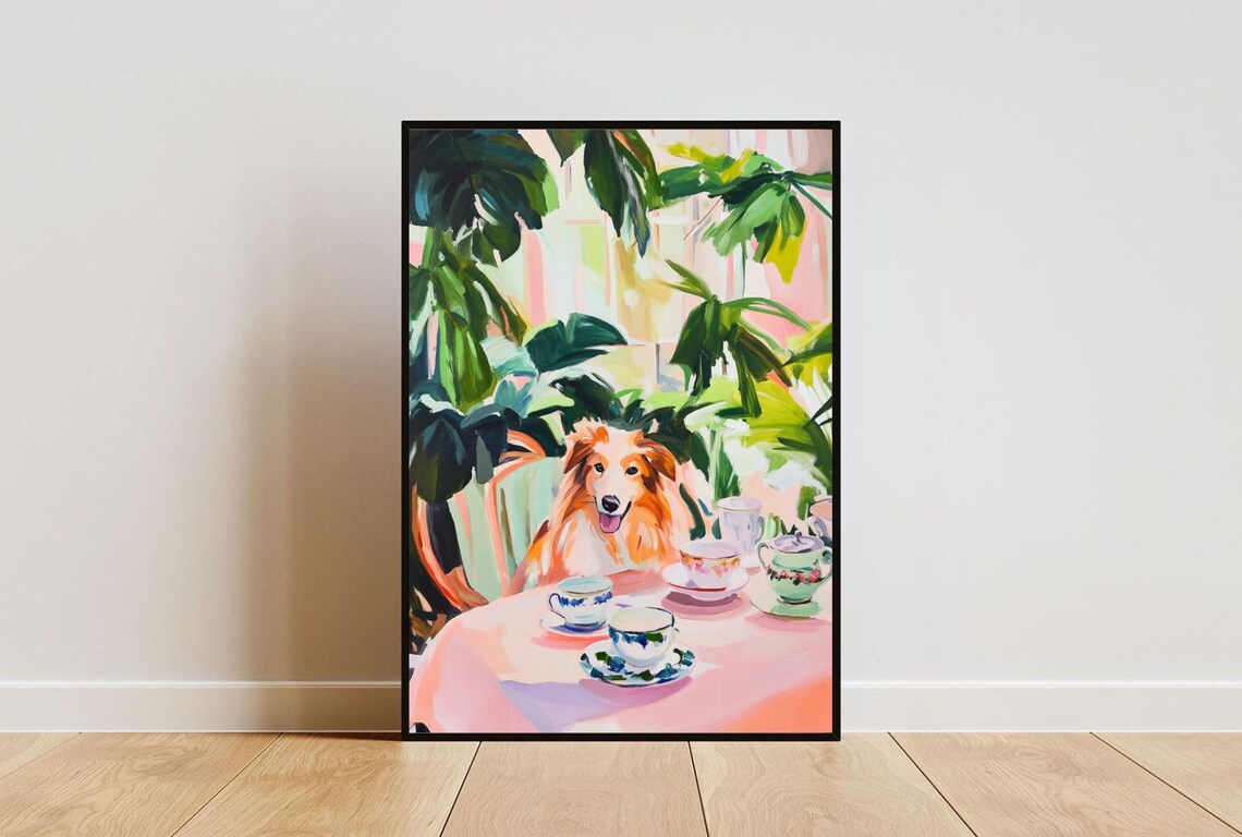 Shetland Sheepdog Dog Garden Tea Party Pastel Painting Poster