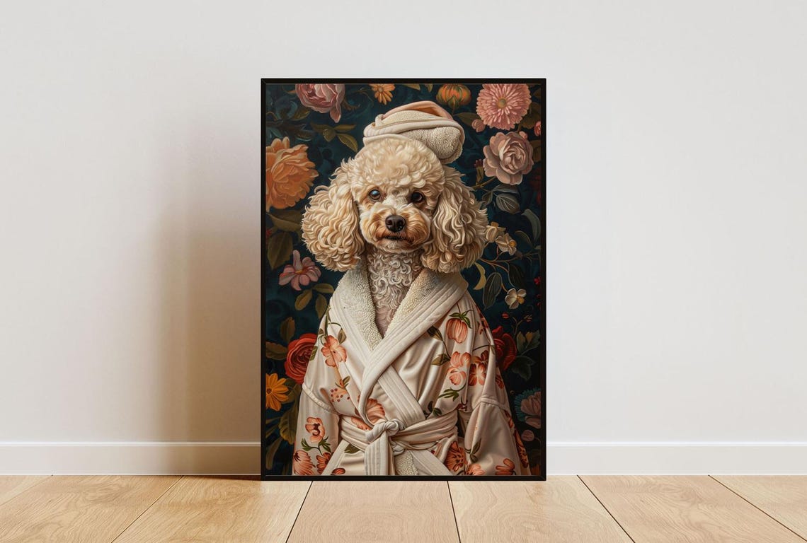 Cute Curly Poodle Dog in Bathrobe Fun Bathroom Spa Day Art Poster