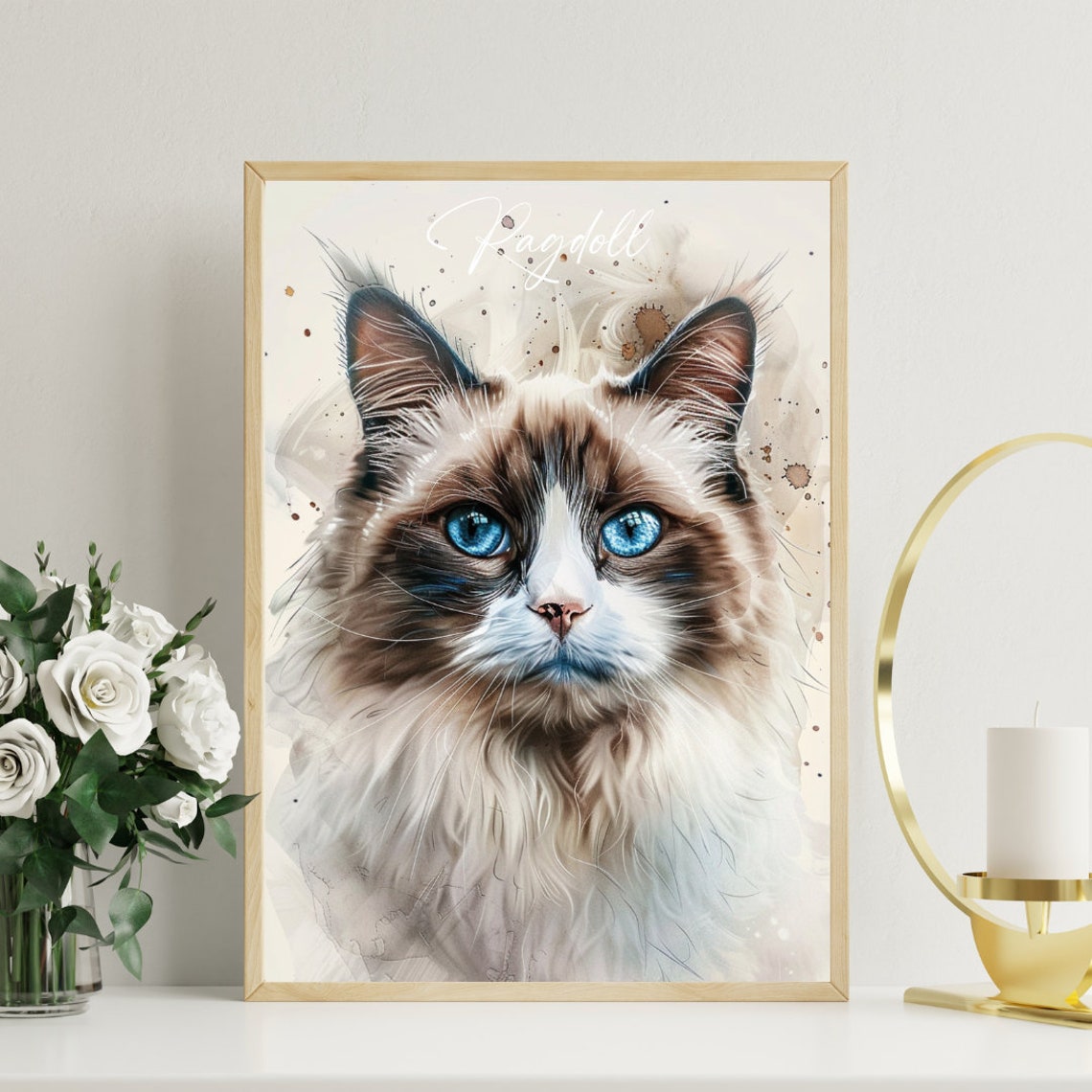 Ragdoll Cat Watercolor Portrait Blue Eyes Elegant Fine Art Poster - Image 3