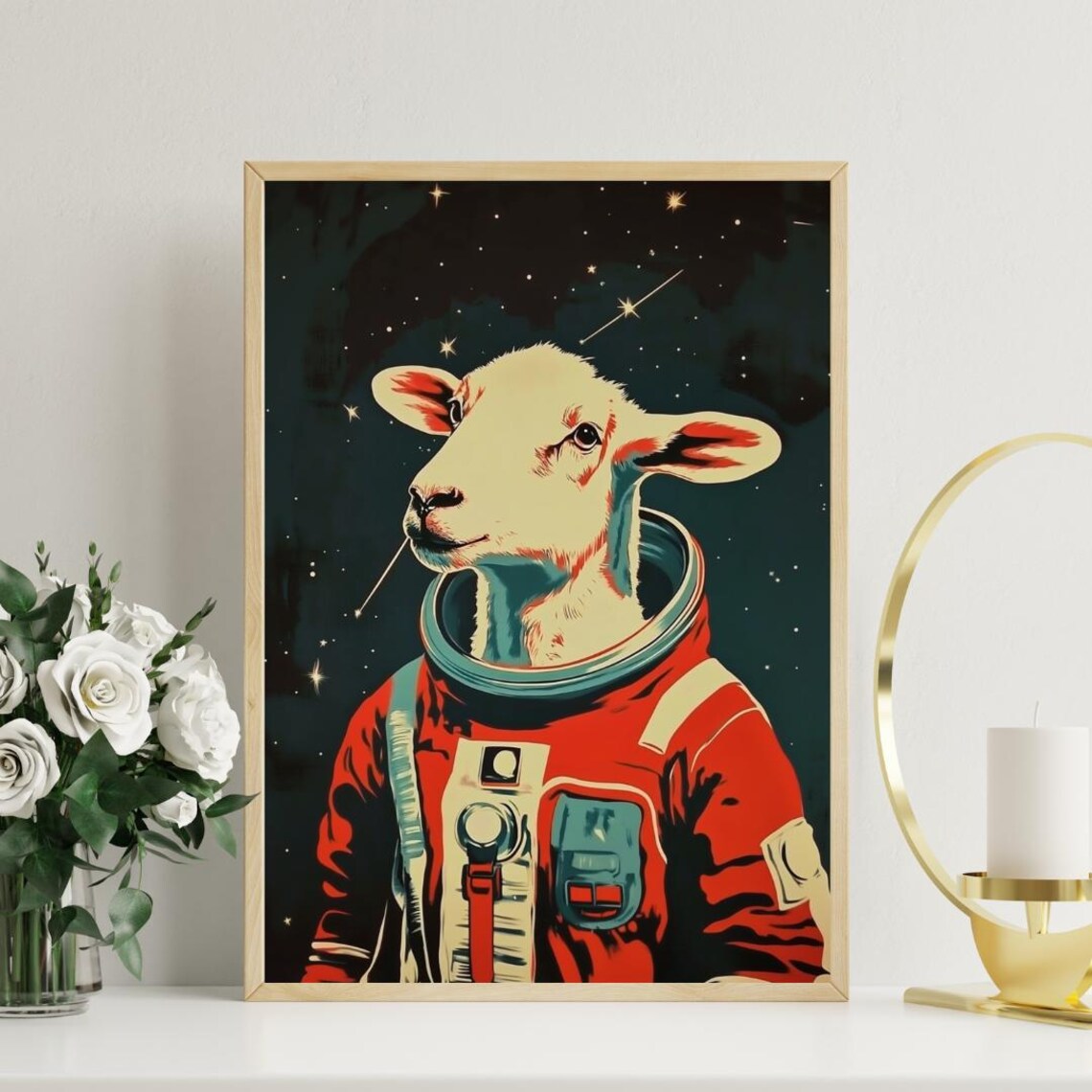 Sheep Astronaut Retro Red Space Suit Stars Woolly Explorer Portrait Poster - Image 3