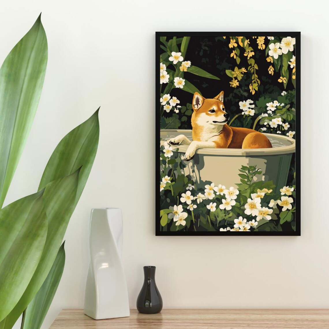 Shiba Inu Lounging In Flower Filled Bathtub Cute Funny Dog Poster - Image 2