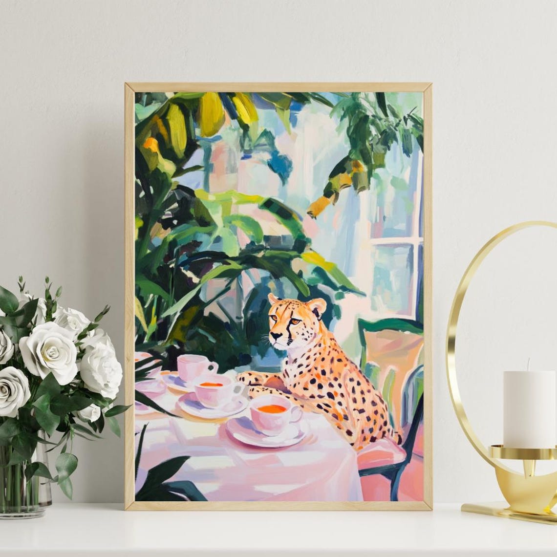 Cheetah at Tea Table Whimsical Wild Cat Painting Portrait Poster - Image 3