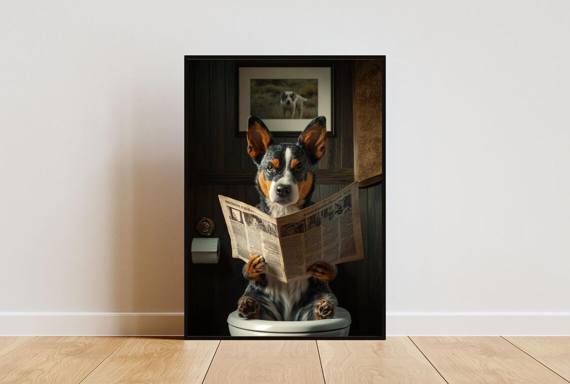 Australian Cattle Dog On Toilet Reading Newspaper Bathroom Poster