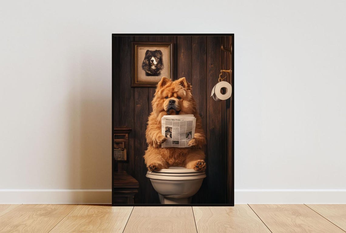 Chow Chow on a Toilet Reading a Newspaper in a Vintage Bathroom Poster