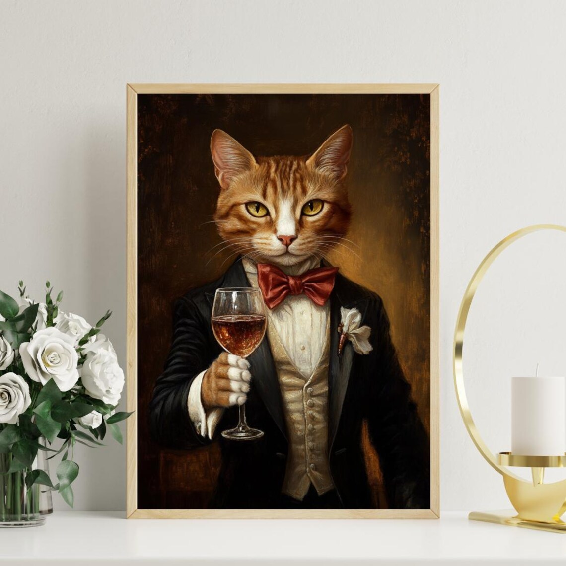 Bengal Cat In Tuxedo Holding Wine Glass Red Bow Tie Portrait Poster - Image 3