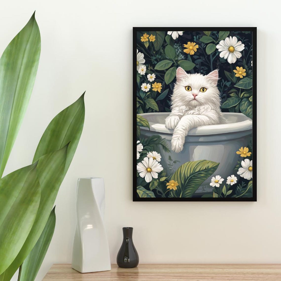 Selkirk Rex Cat in Bathtub Botanical Poster Funny Bathroom Decor Piece - Image 2