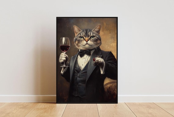 Scottish Fold In Tuxedo Holding Red Wine Glass Gray Cat Portrait Poster