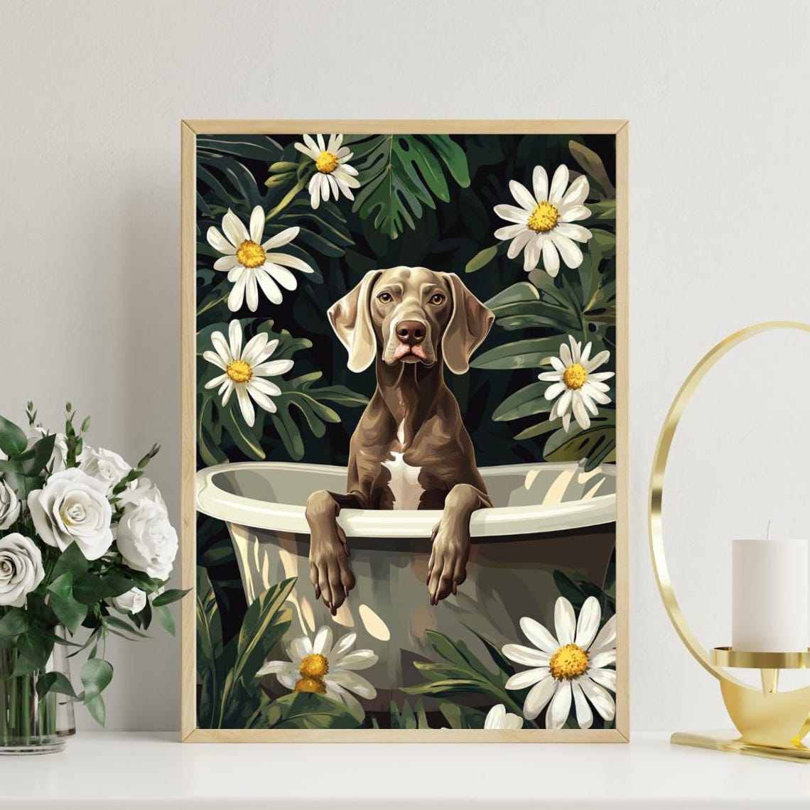Weimaraner Dog Funny Bathtub Daisy Vintage Botanical Art Poster - Image 3