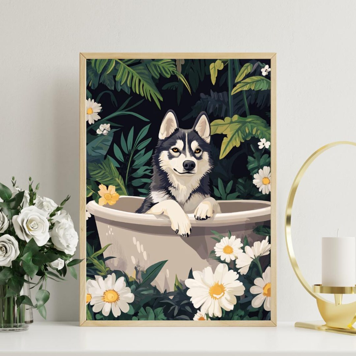 Siberian Husky in Bathtub Funny Dog Bathroom Daisy Floral Art Poster - Image 3