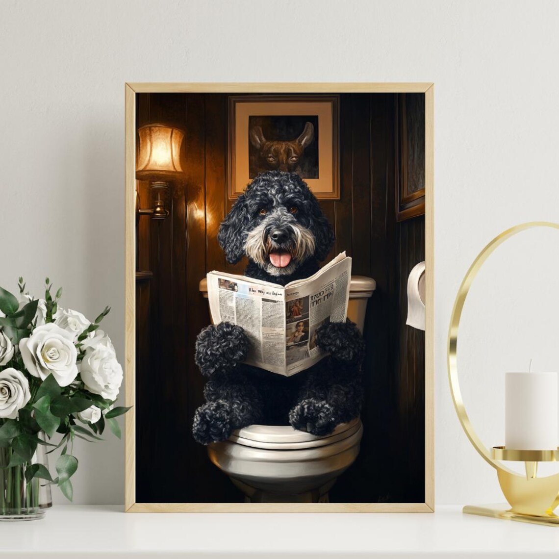 Portuguese Water Dog On Toilet Reading Newspaper Bathroom Poster - Image 3