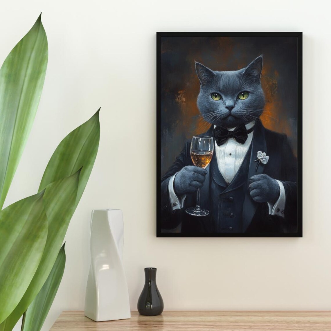 Russian Blue In Tuxedo Holding White Wine Glass Gray Cat Portrait Poster - Image 2