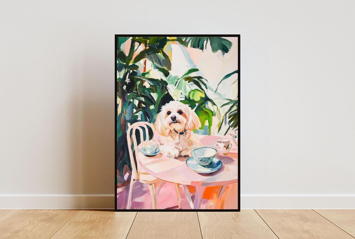 Havanese Dog Garden Tea Party Pastel Oil Painting Style Poster