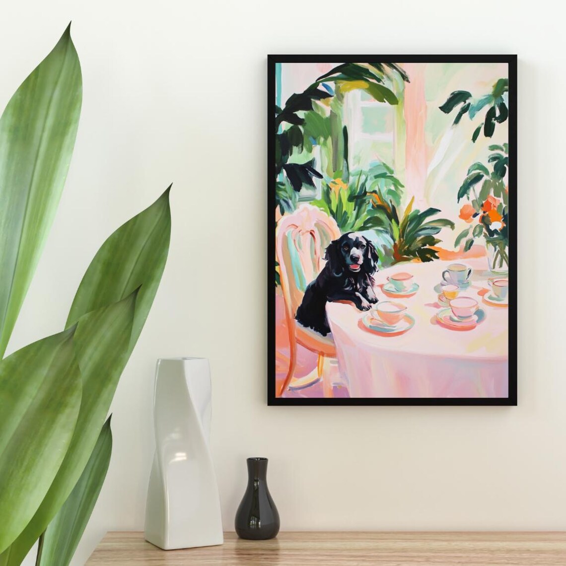 Boykin Spaniel Dog Tea Party Black Puppy Colorful Oil Painting Poster - Image 2