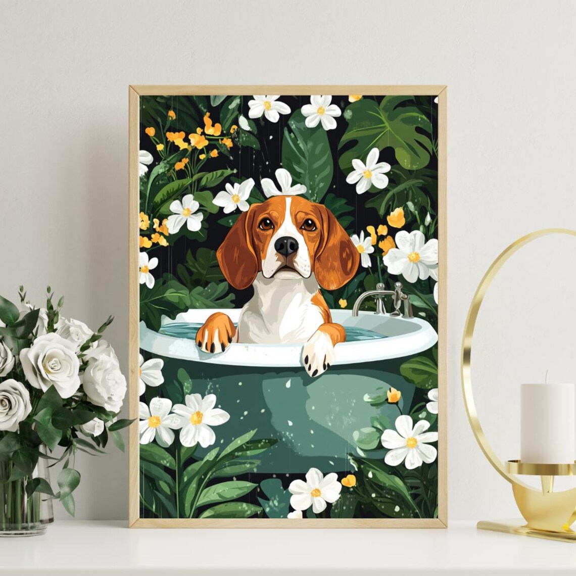 Beagle in Bathtub Cute Puppy Bathroom Splashing Water Floral Poster - Image 3