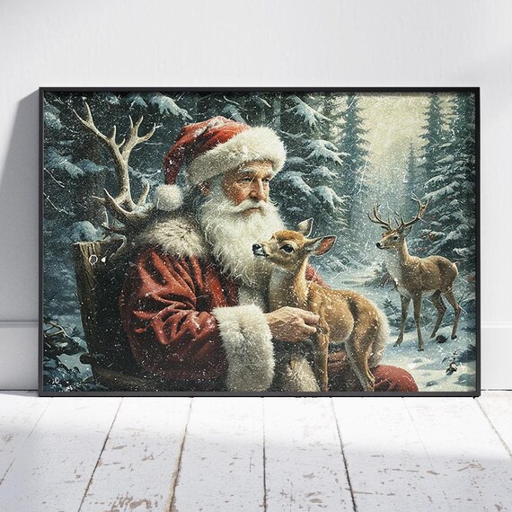 Santa Claus Holding Fawn In Snowy Forest Vintage Christmas Oil Painting Poster