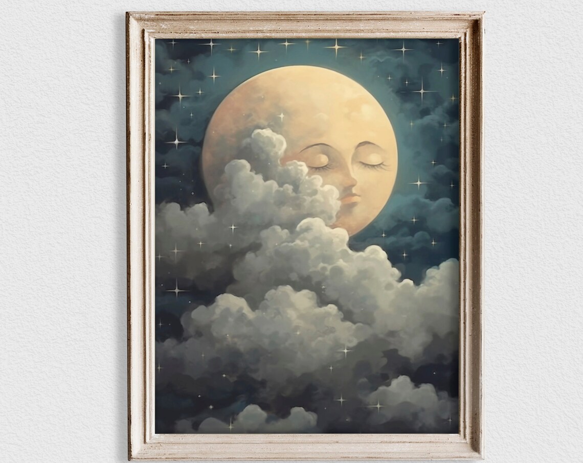 Moon With Face Sky Painting Moon Nursery Art Print