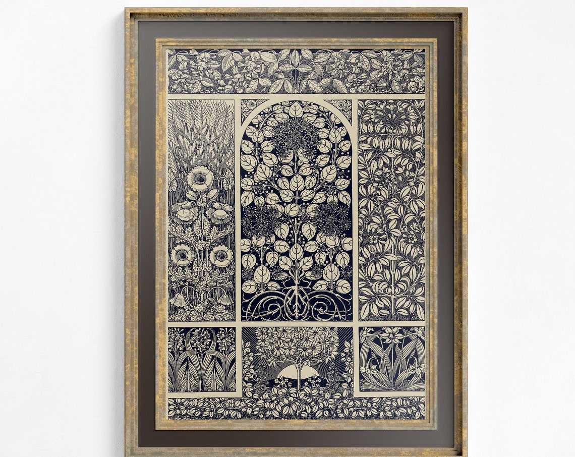 Vintage Floral Ornament, Indigo Art Nouveau Art Print