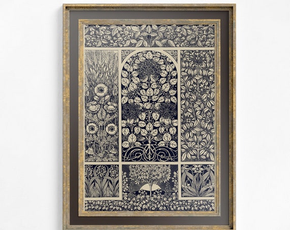 Vintage Floral Ornament, Indigo Art Nouveau Art Print