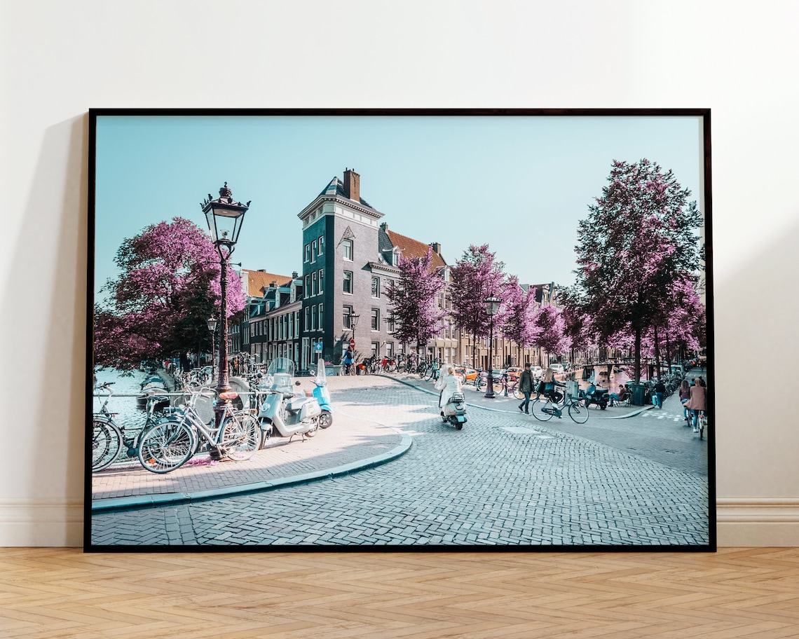 Amsterdam Spring Blossom Street Bicycles Photography Travel Poster