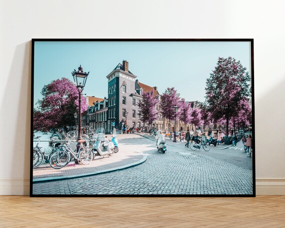 Amsterdam Spring Blossom Street Bicycles Photography Travel Poster