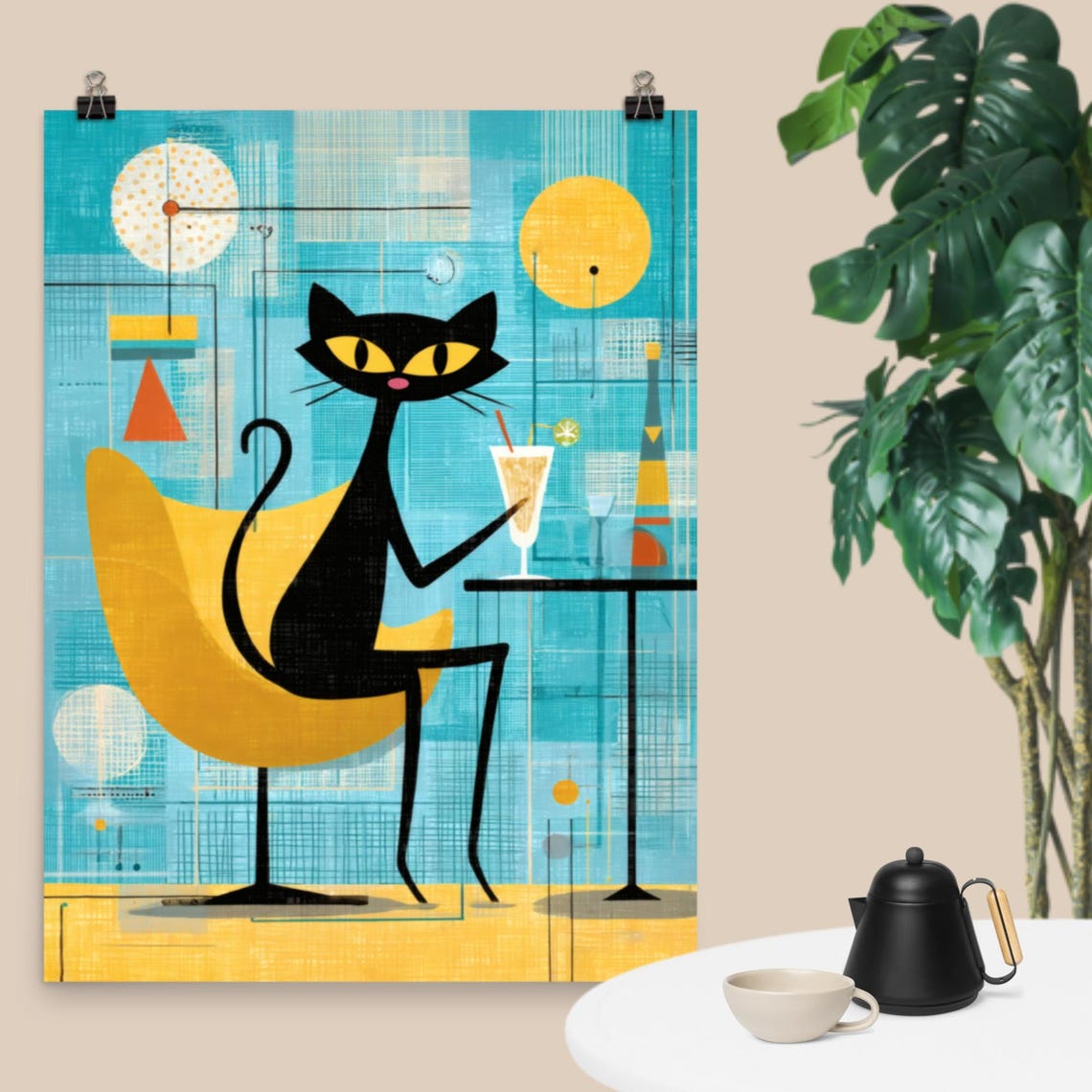 Retro Black Cat Cocktail Bar Midcentury Modern Atomic Style Poster