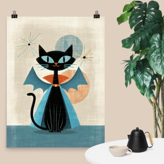 Atomic Vampire Cat With Bat Wings Retro Halloween Midcentury Spooky Poster