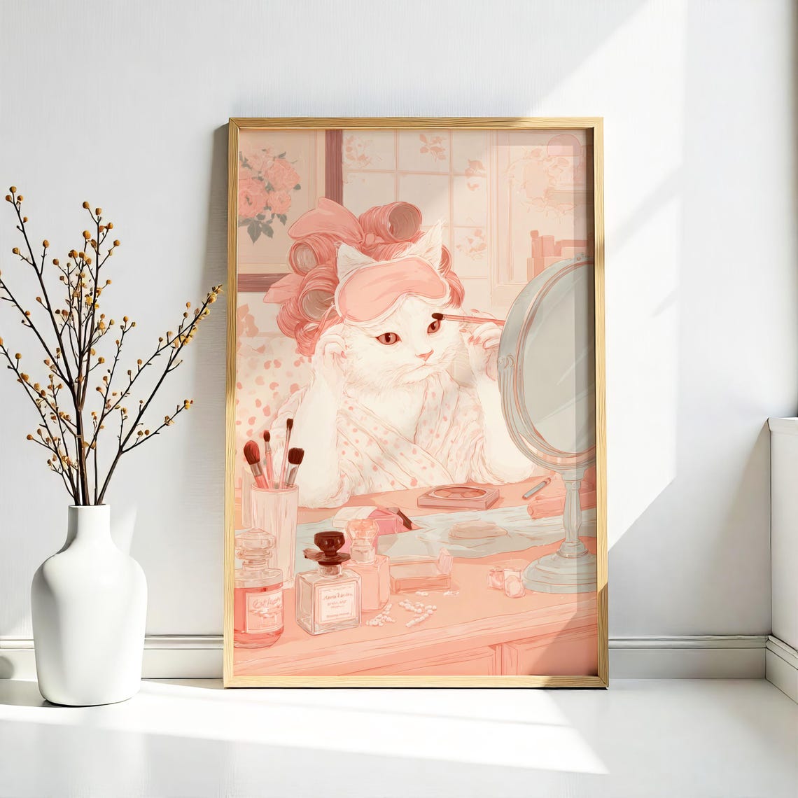Glam Cat Vanity Wall Art Retro Makeup Poster Feminine Pastel Bathroom Or Bedroom Decor Cute Illustration