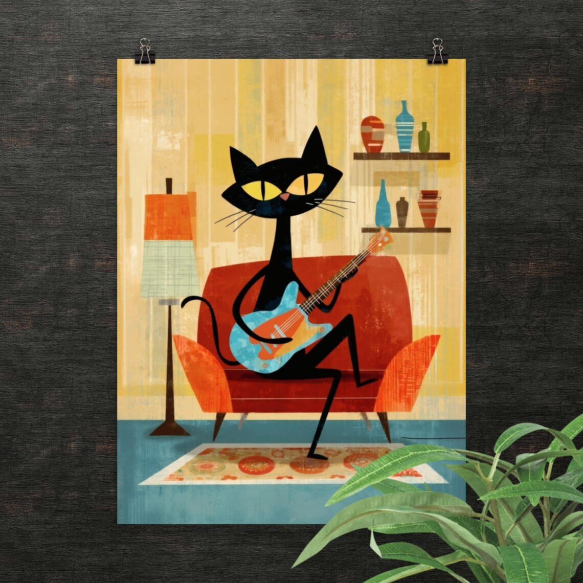 Atomic Black Cat Electric Guitar Retro 1950s Midcentury Musician Poster