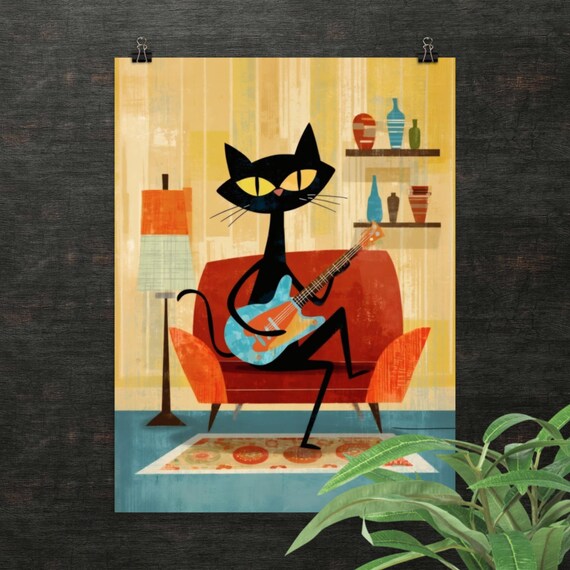 Atomic Black Cat Electric Guitar Retro 1950s Midcentury Musician Poster