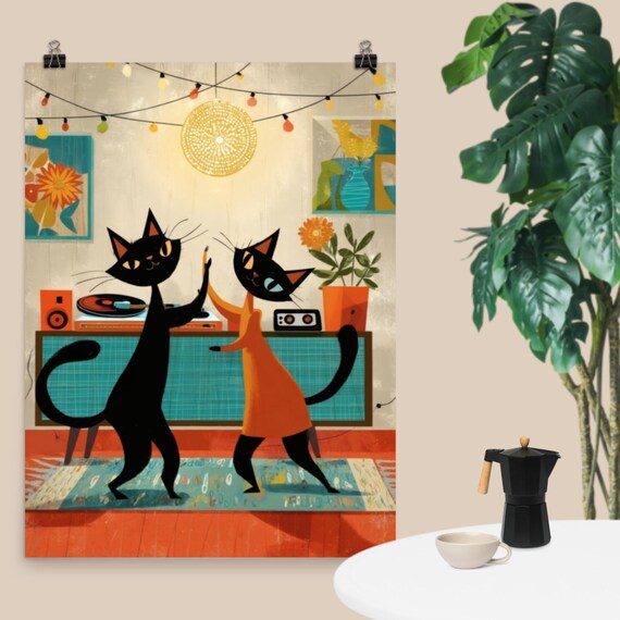 Atomic Dancing Cats Retro Party Scene Midcentury Modern Cat Lover Poster