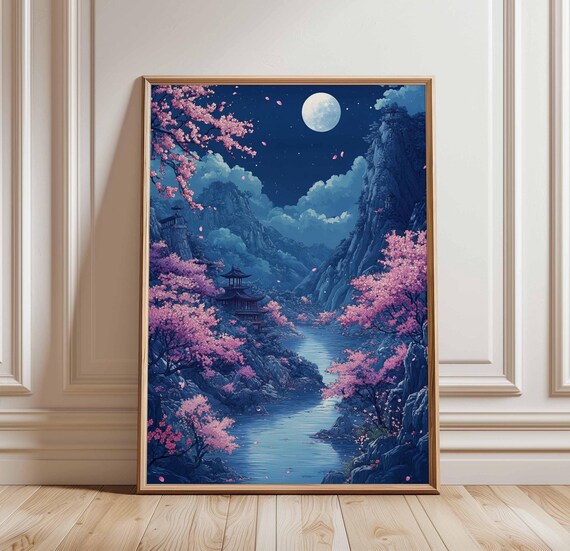Cherry Blossoms Under Full Moon by a River Night Japanese Garden Poster